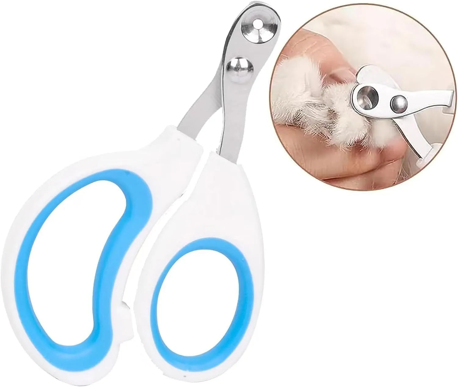Blue pet nail clippers with a circular cutting hole and non-slip handle for trimming cat nails.