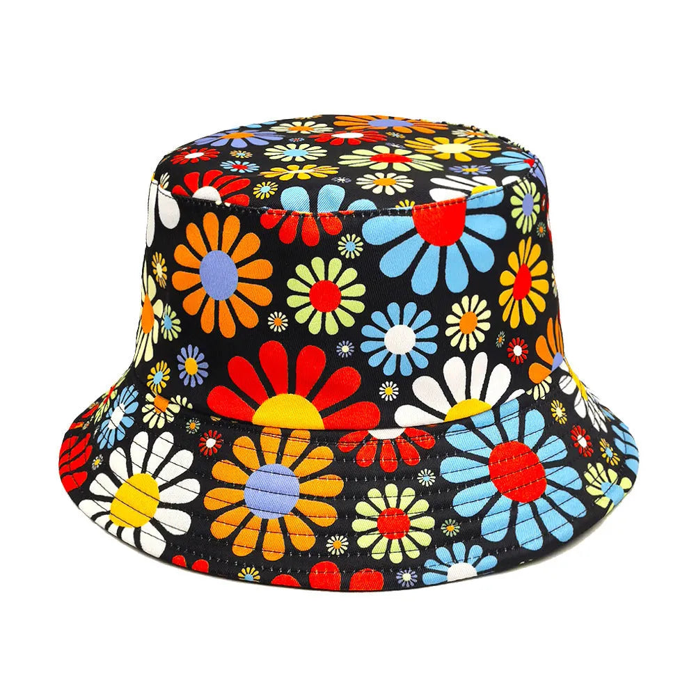 Flower pattern bucket sun hat with dome crown in polyester fabric