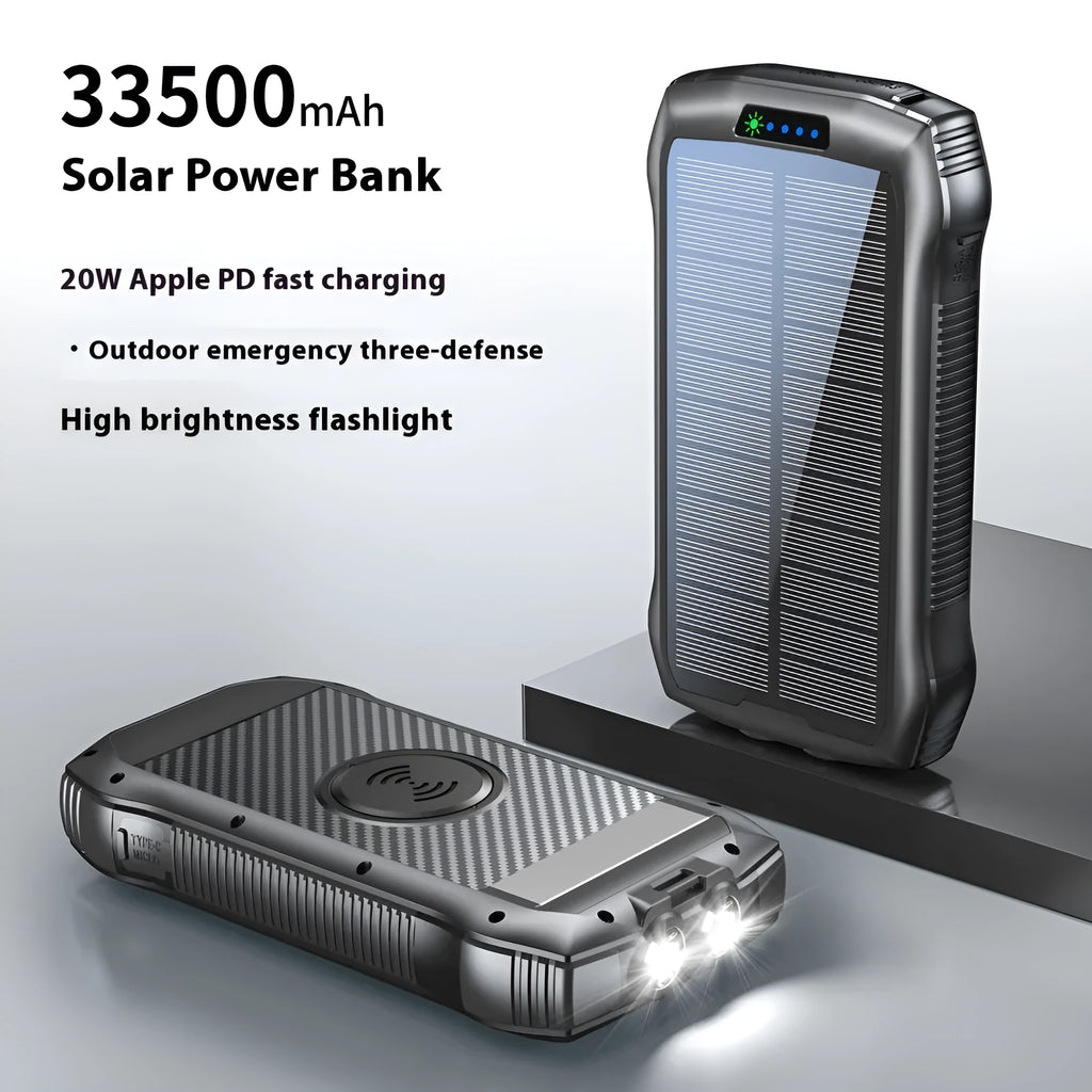 Portable solar power bank 33500mAh waterproof outdoor emergency LED plastic shell 178x90x30mm black blue orange