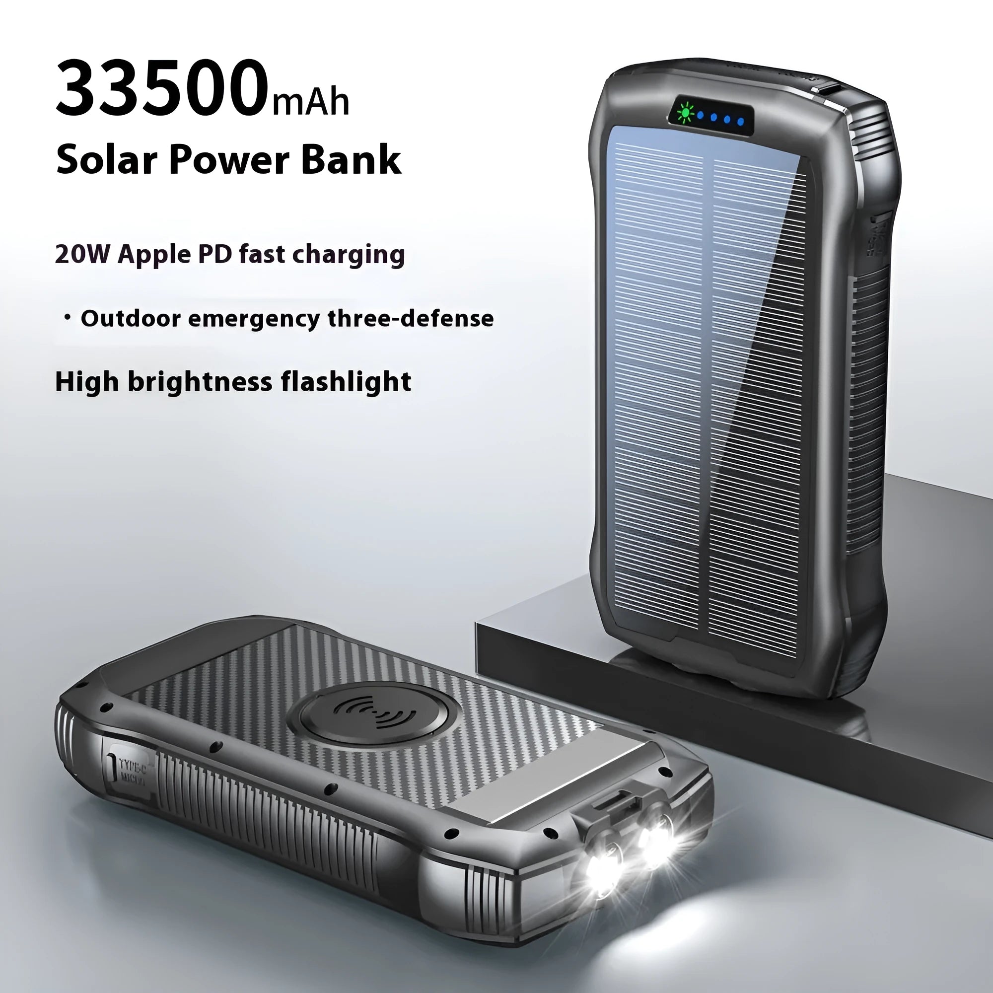Portable solar power bank 33500mAh waterproof outdoor emergency LED plastic shell 178x90x30mm black blue orange