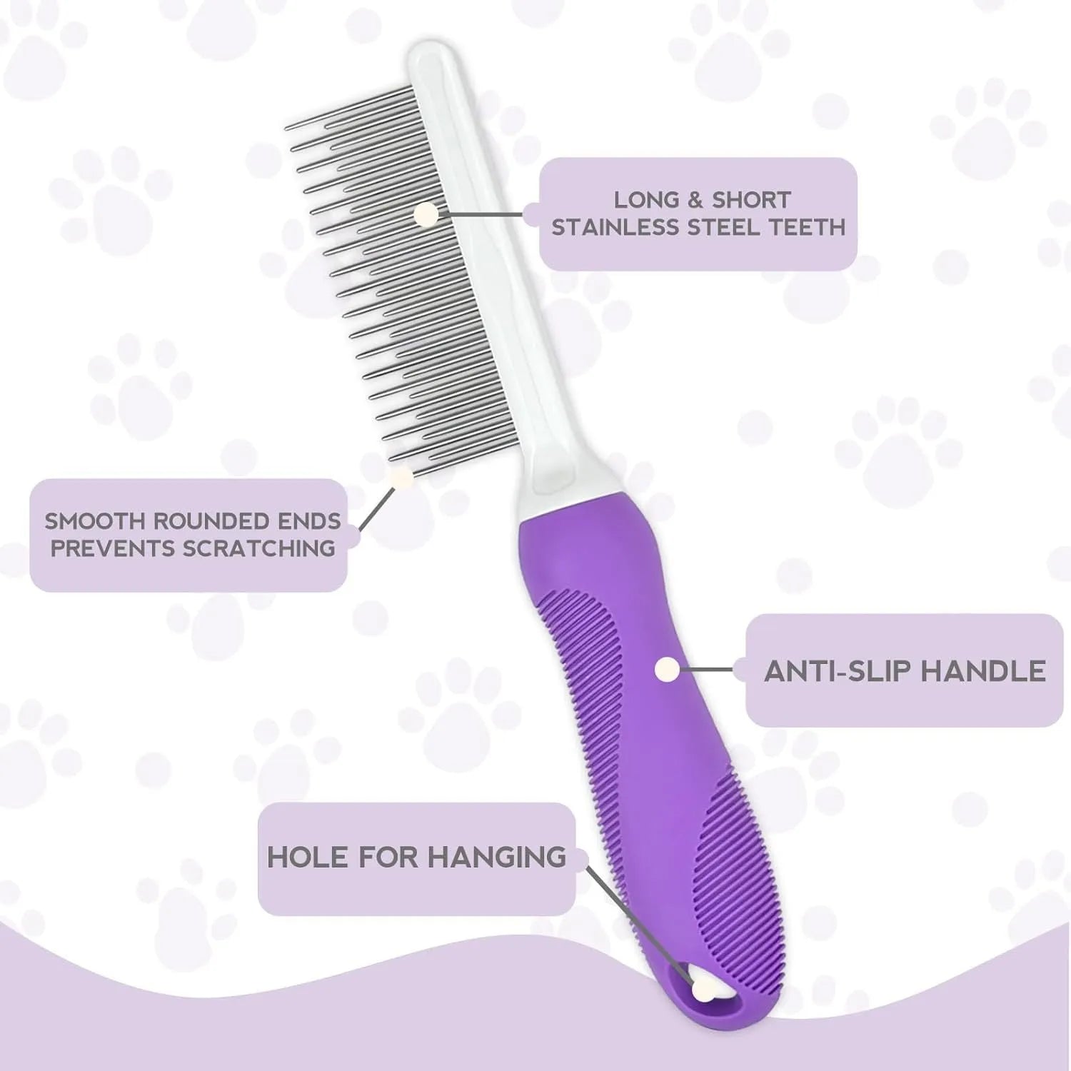 Purple pet grooming comb with stainless steel teeth and ergonomic handle for dog and cat grooming