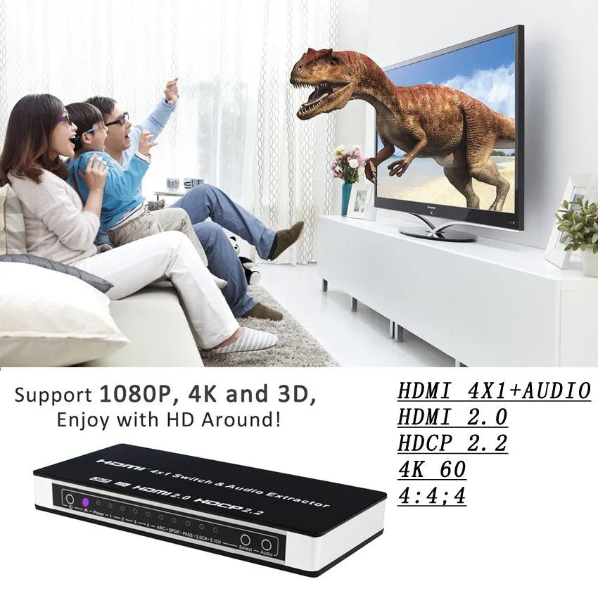 Black HDMI switch with four inputs one output, remote control and 10 metre cable for multi-source connectivity