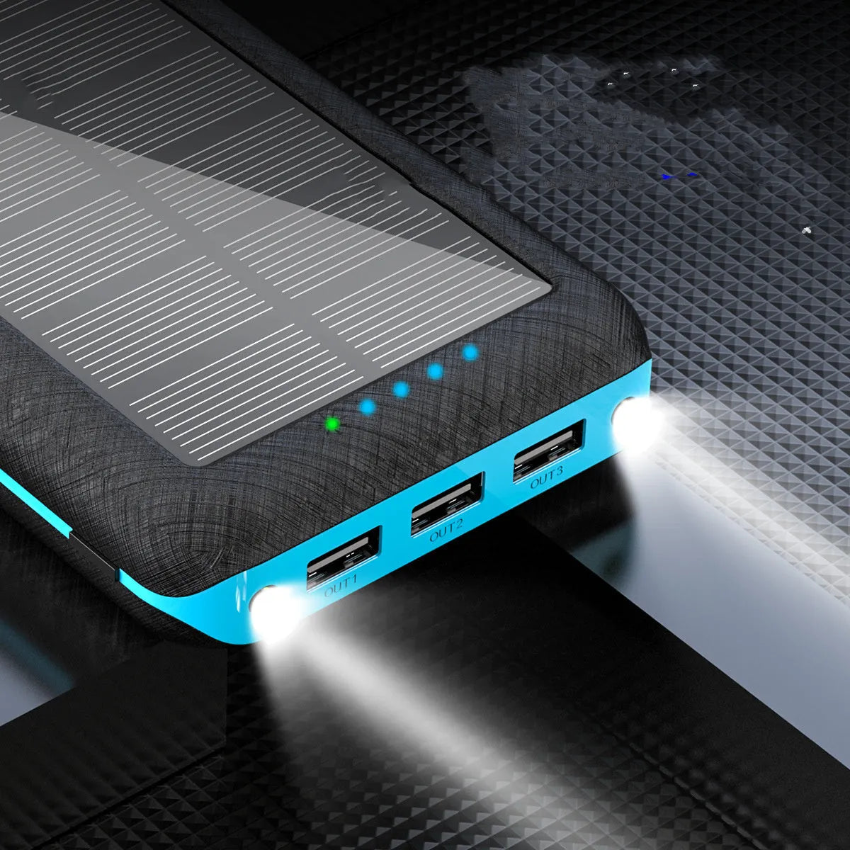 Black wireless power bank with Qi charging pad, three USB ports, and LED flashlight showing capacity display.