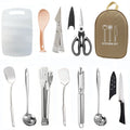 12-piece stainless steel camping kitchenware set in portable storage bag for outdoor cooking