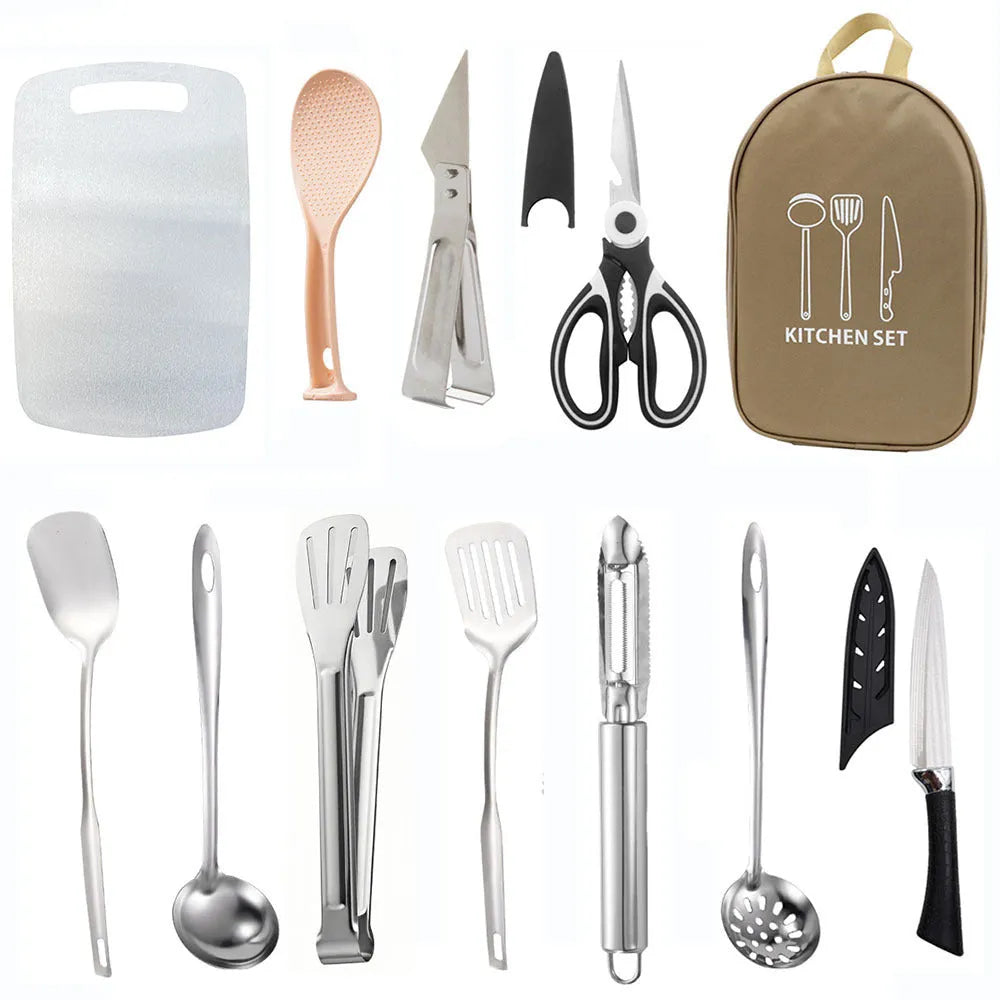 12-piece stainless steel camping kitchenware set in portable storage bag for outdoor cooking