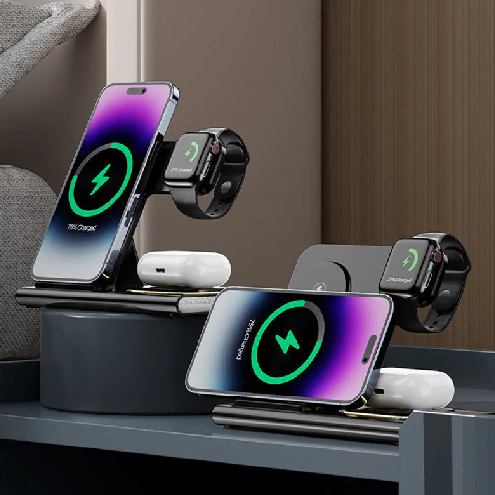 Black folding four-in-one wireless charger for phone and watch, 165X141.4X19MM plastic USB charging station