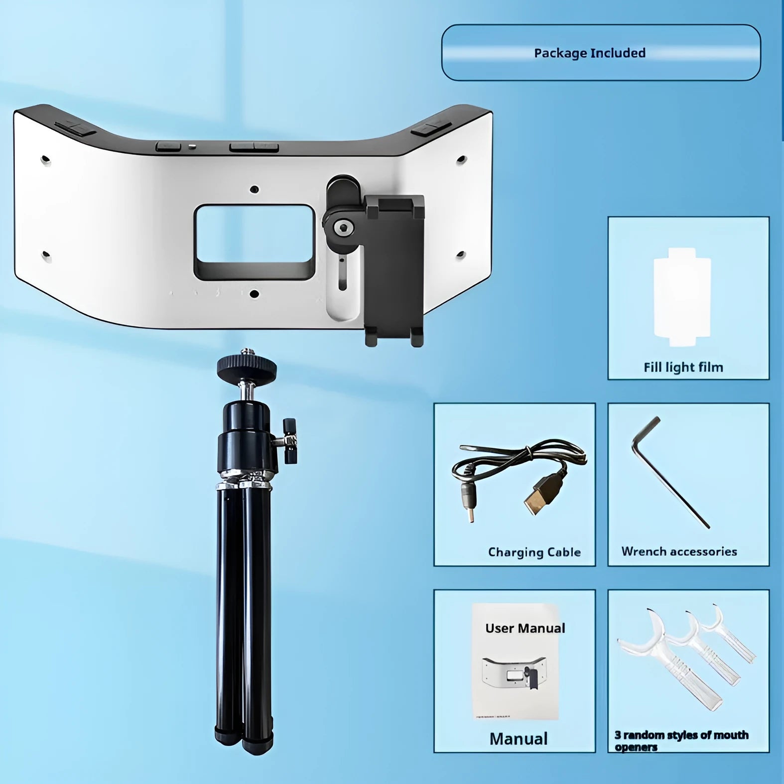 Dental oral photography fill-in light bracket in black and white with compact packaging