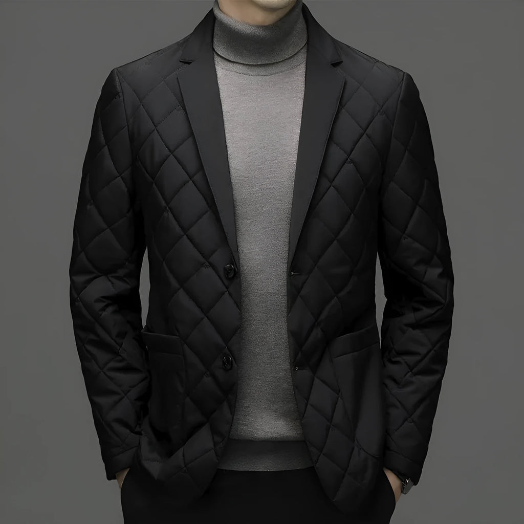Men's winter down jacket with lapel collar in solid colour with side seam pockets