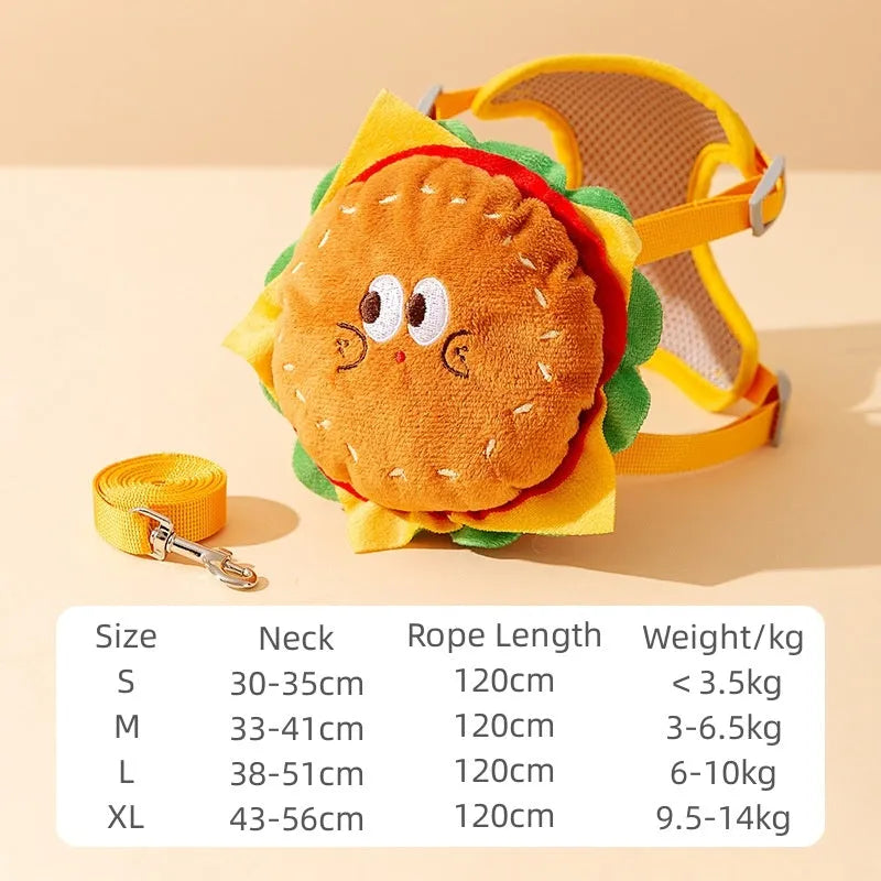 Cartoon hamburger design adjustable vest leash rope for dogs and cats with backpack compartment