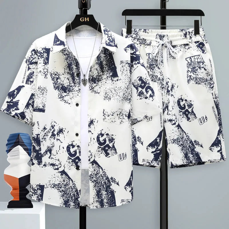 Men's grey casual short sleeve top and matching shorts two-piece set on a hanger.