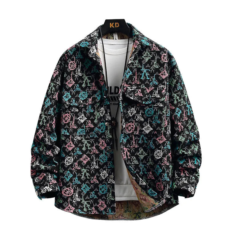 Casual lapel shirt coat with straight hem in polyester fabric, showing front view