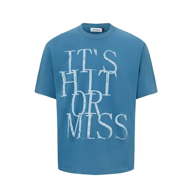 Men's blue American retro T-shirt with white letter printing, round neck, loose fit cotton blend casual top