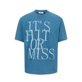 Men's blue American retro T-shirt with white letter printing, round neck, loose fit cotton blend casual top