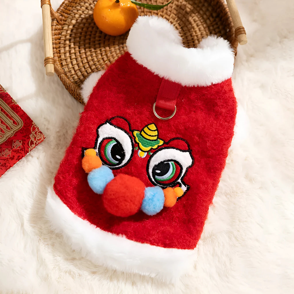 Red cotton-padded 3D lion dance pet vest with faux fur trim for small dogs and cats, featuring embellished eyes and pom-poms.