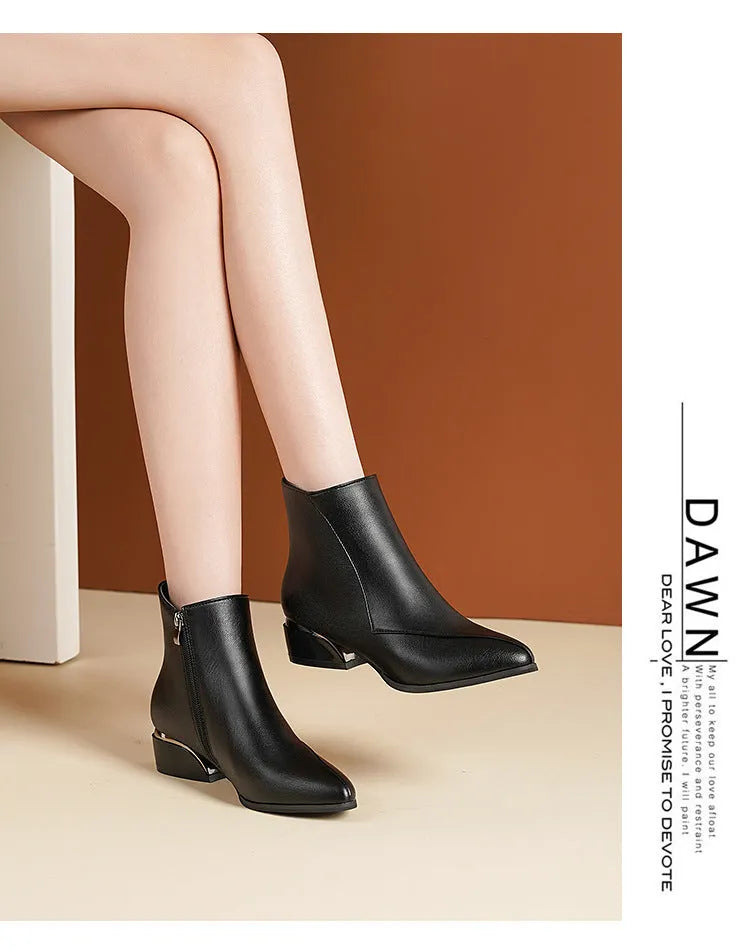 Women's chunky heel Martin boots in black with side zipper and leather stitch detail