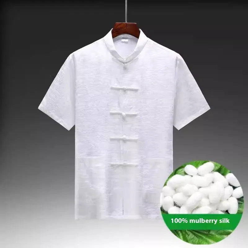 Men's Chinese style mulberry silk Tang suit in light green with traditional woven construction