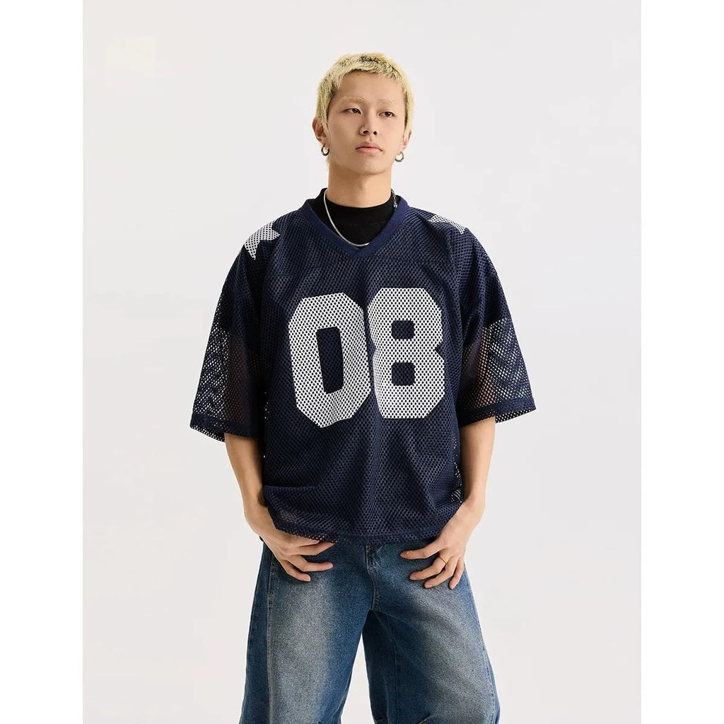 Black and navy blue half sleeve shirt with letter pattern, loose fit pullover design