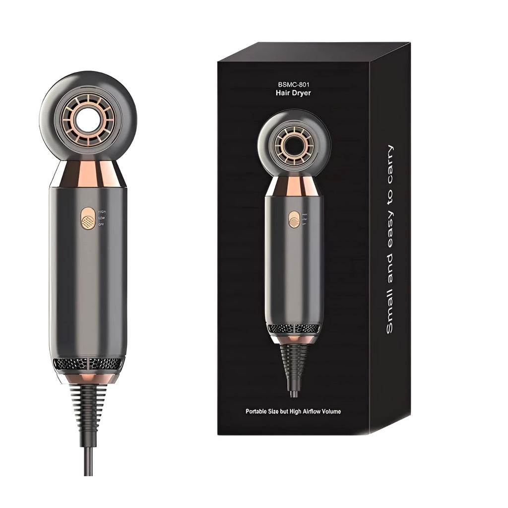 Leafless compact white hair dryer with diffuser attachment on a stand, showing its 20cm size.