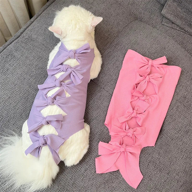 Lace-up cat sterilisation clothing in blue colour, shown on a mannequin, with adjustable ties.