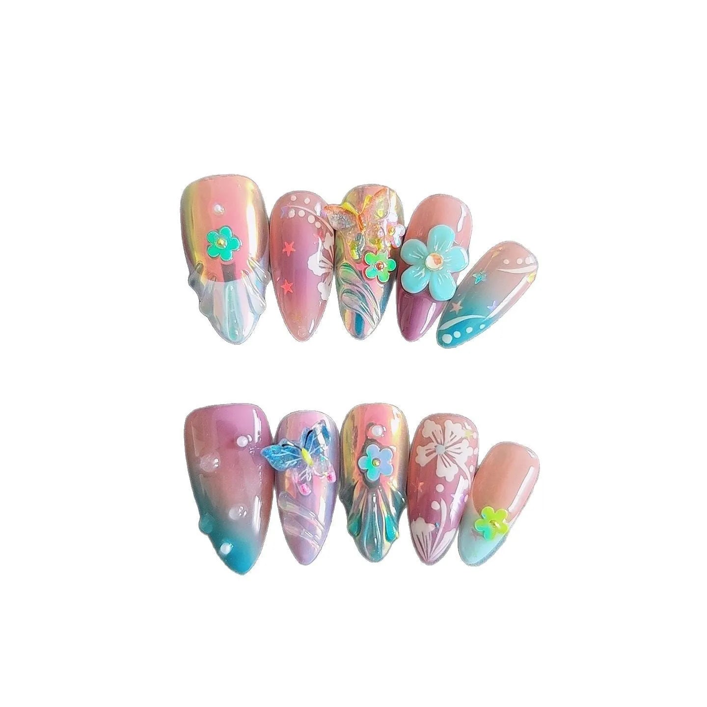Handmade nail art sculptures with embossed floral and butterfly patterns in almond shapes