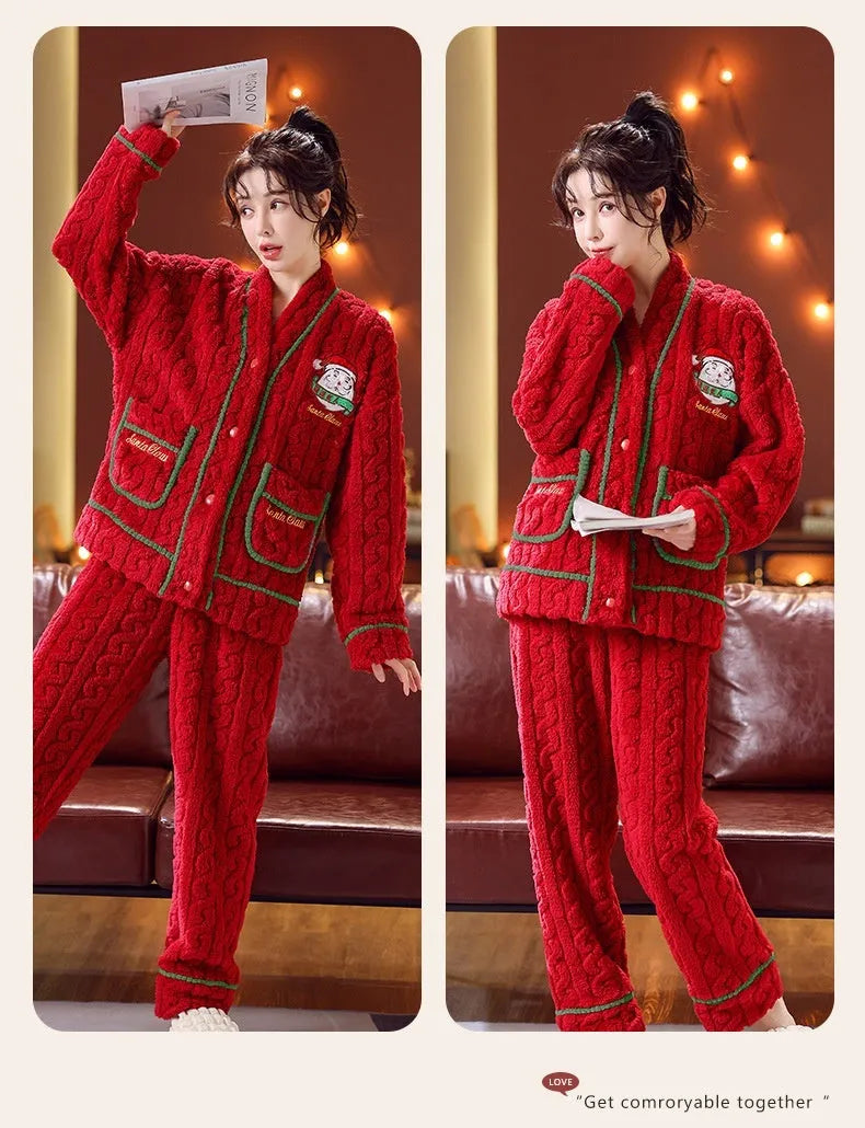 Winter women's flannel homewear set in red Christmas print with long sleeves and trousers on model