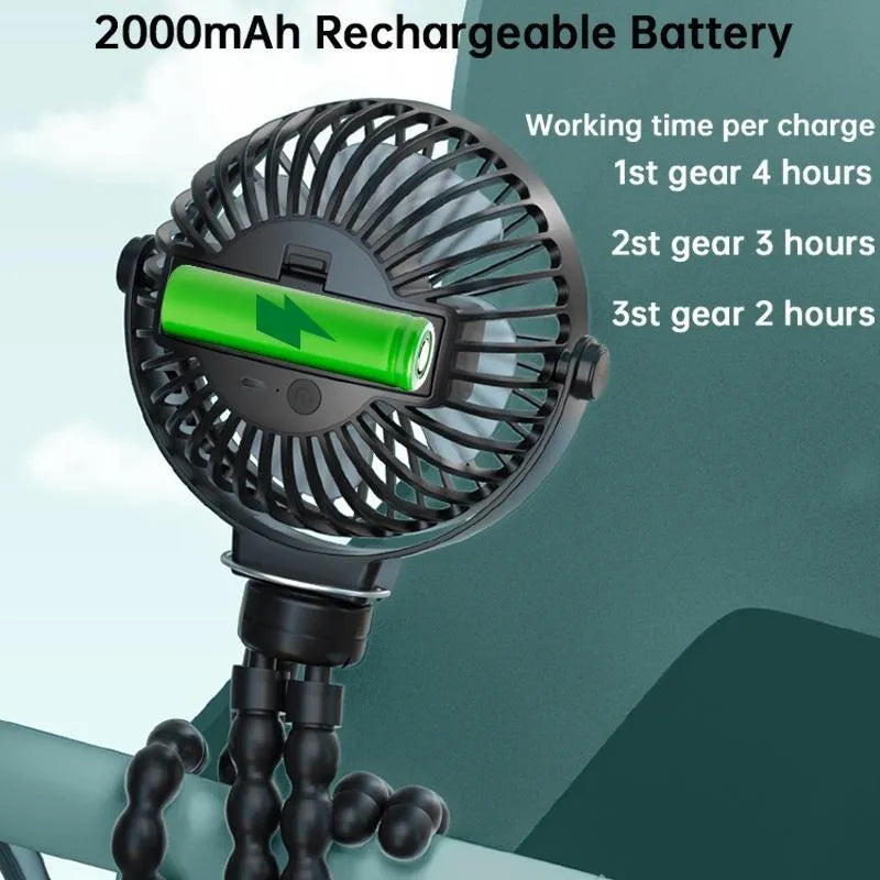 Black 2000mAh flexible tripod clip on fan with 3 speeds and USB charging on a white background