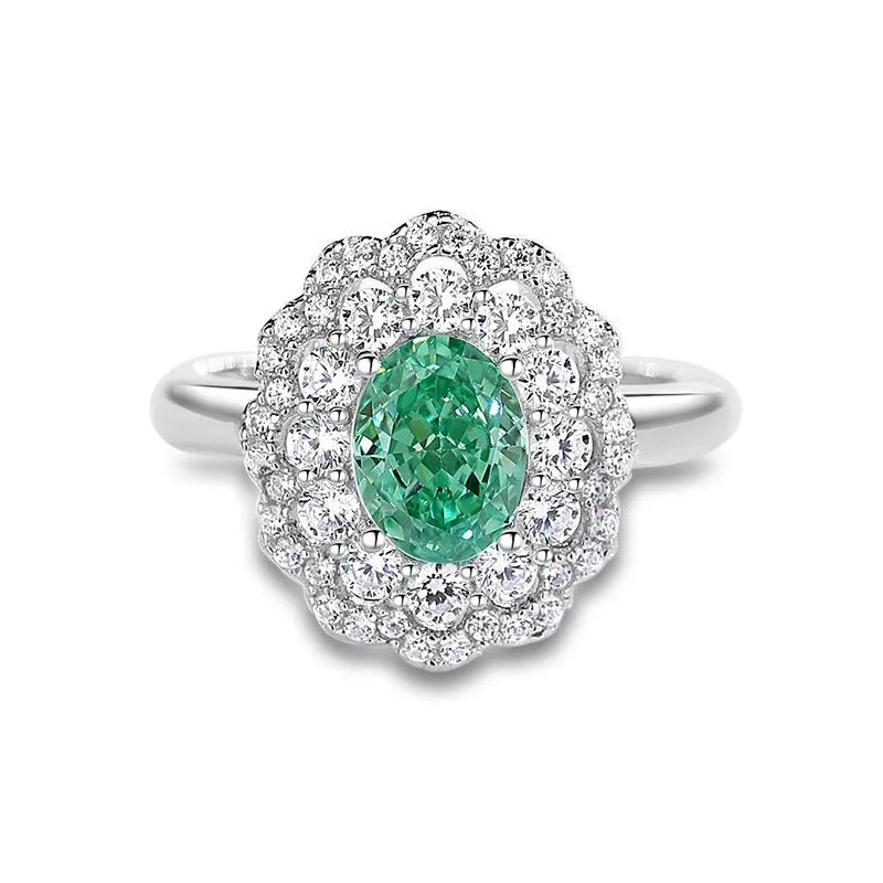 S925 sterling silver geometric ring with ellipse detail, inlaid emerald, and high carbon diamond in a Palaibahao colour.