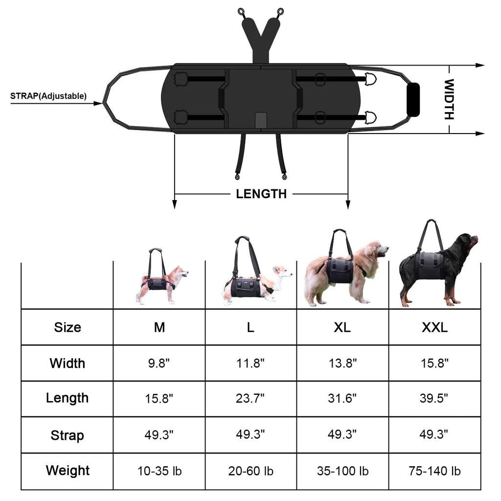 Black Oxford cloth dog harness with leg support for rehabilitation and outdoor walking