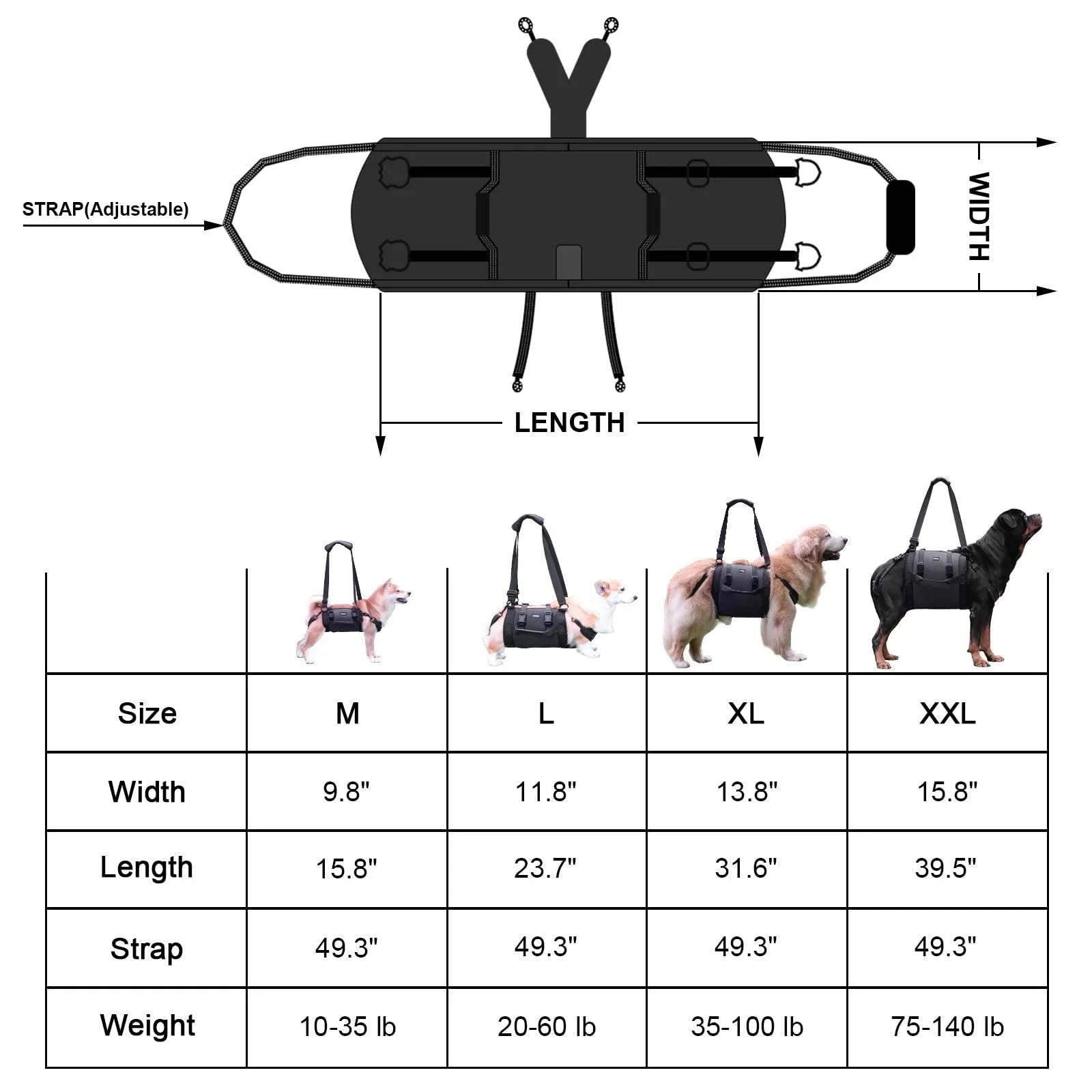 Black Oxford cloth dog harness with leg support for rehabilitation and outdoor walking