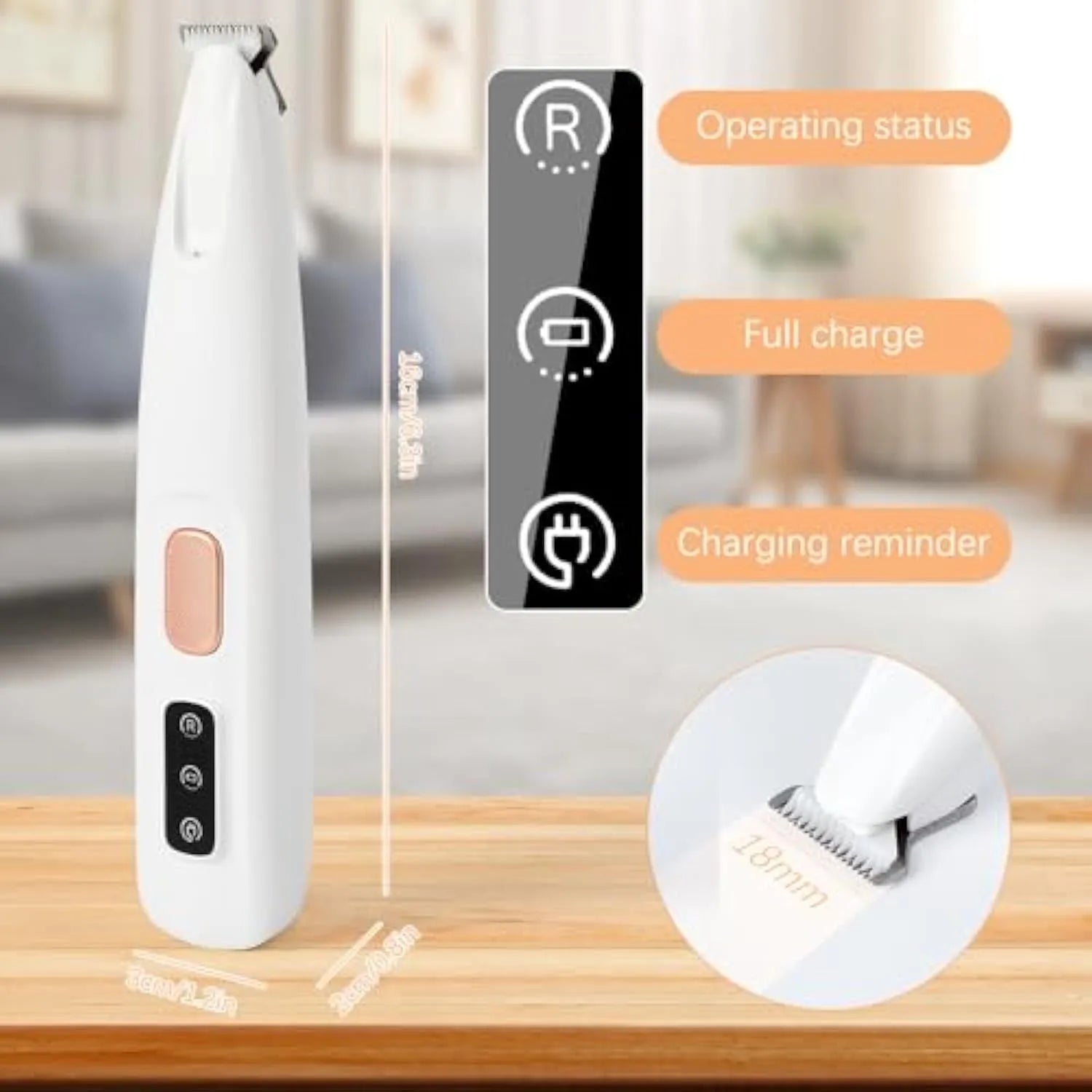 White rechargeable electric dog paw trimmer with LED light showing grooming blade and compact design