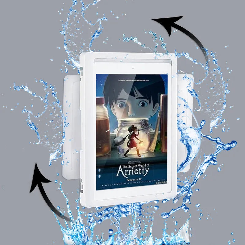Waterproof shower phone case with touch screen mounted on bathroom tile holding mobile phone