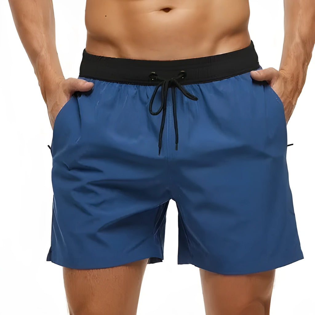 Men's blue stitching waist athletic shorts with zipper pocket and drawstring for running fitness