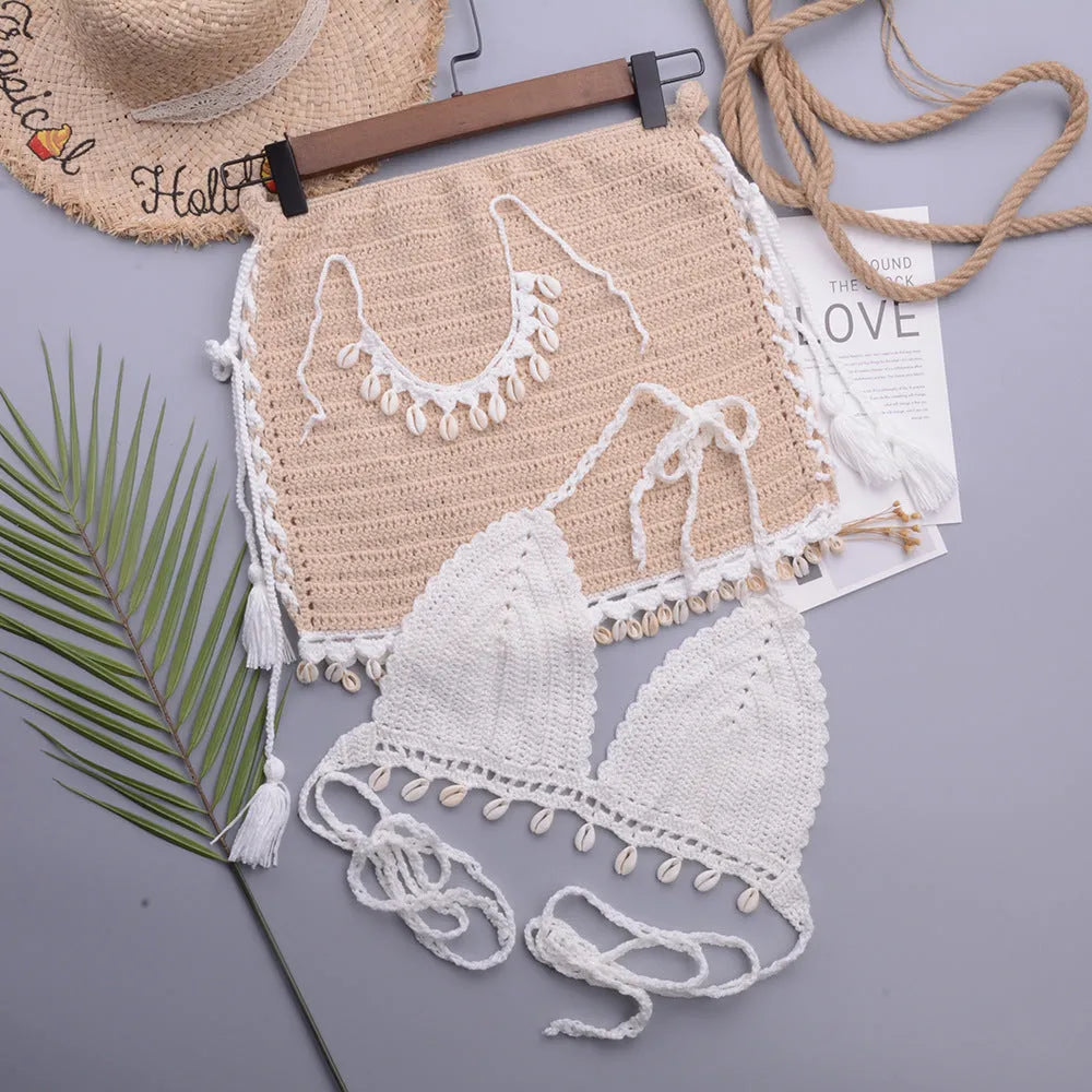 Women's handmade lace-up split swimsuit bikini in cotton blend fabric with necklace and skirt.