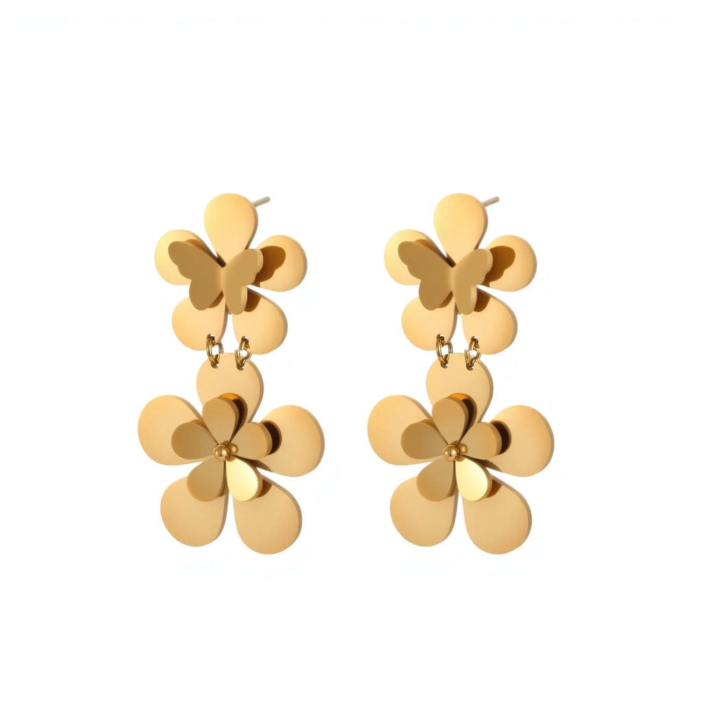 Gold flower butterfly stainless steel earrings with 18K electroplated finish for women