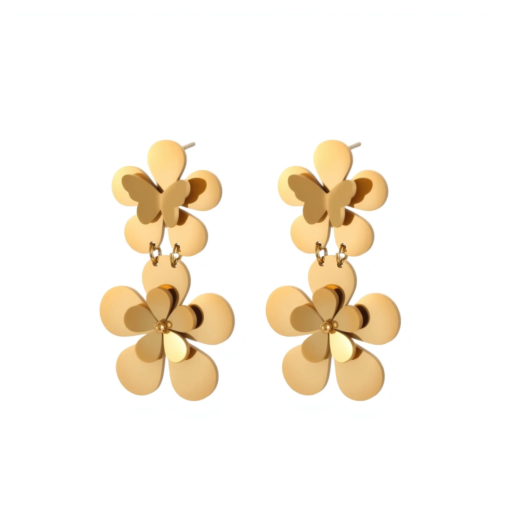 Gold flower butterfly stainless steel earrings with 18K electroplated finish for women