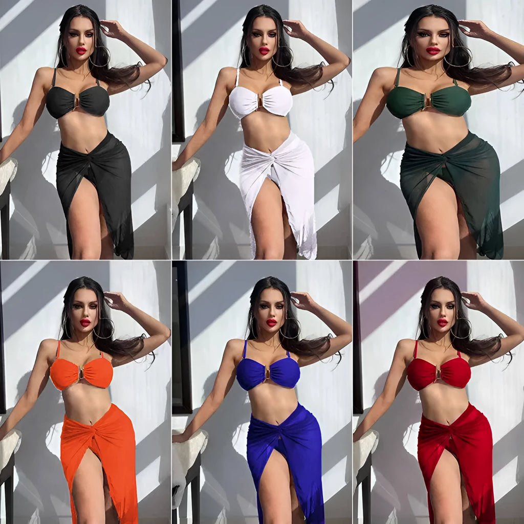 Women's French style bikini three-piece set with long culottes skirt in multiple colour options