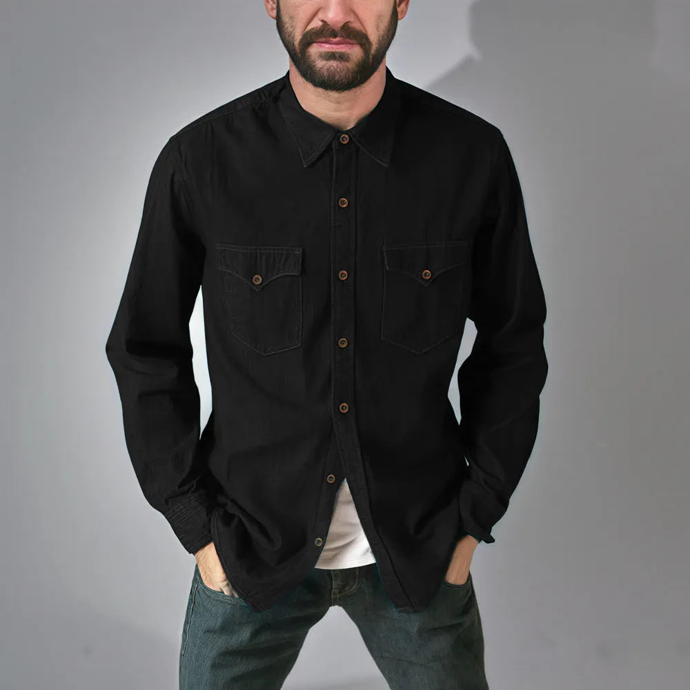 Men's cotton denim cardigan coat shown in khaki, black, blue, and grey colour options.