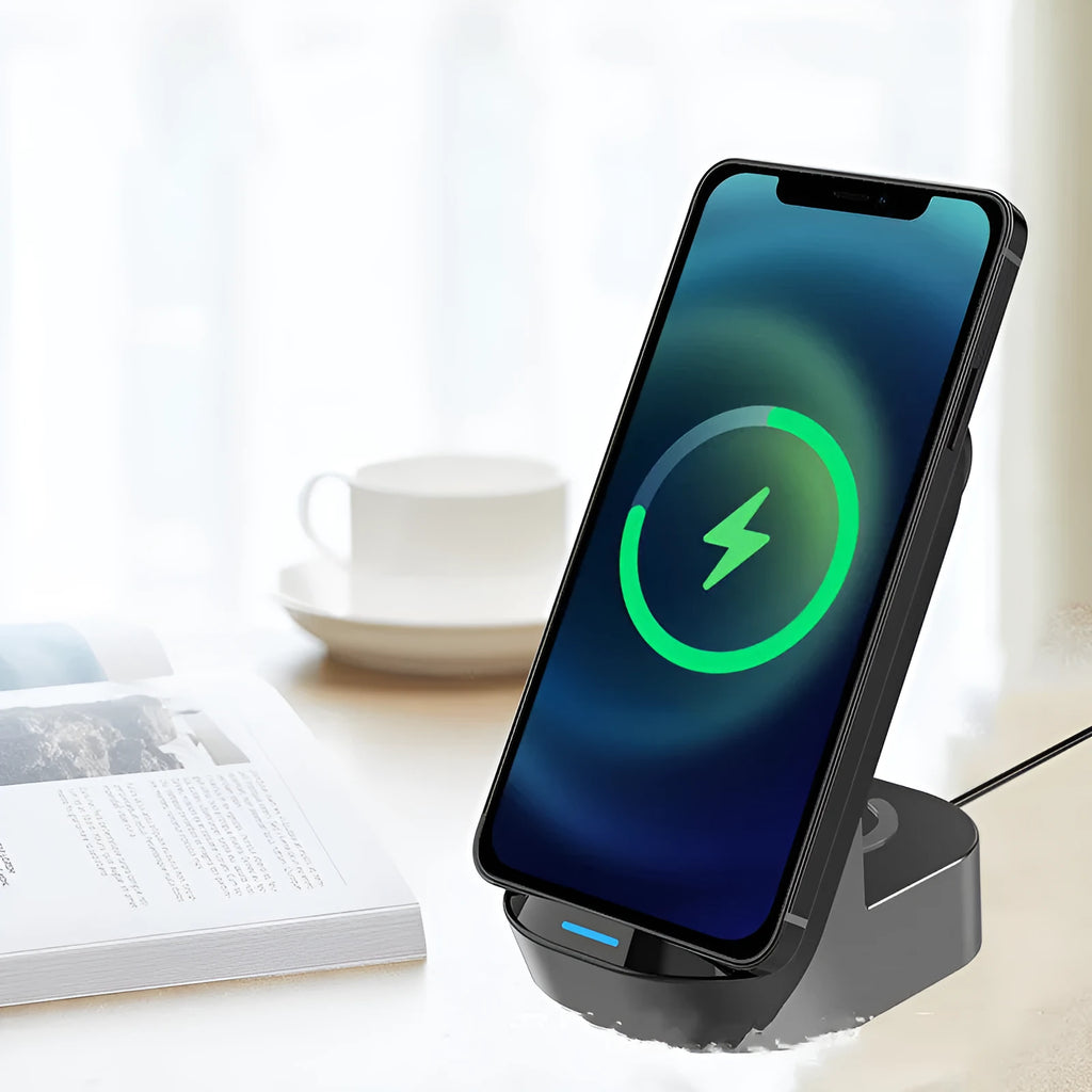 Black grey foldable 3-in-1 wireless charging vertical stand for phone watch and earbuds
