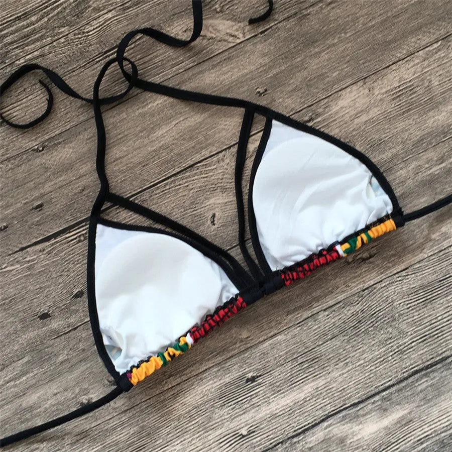 Women's digital print split bikini swimsuit with high-waisted briefs in chemical fibre blend fabric