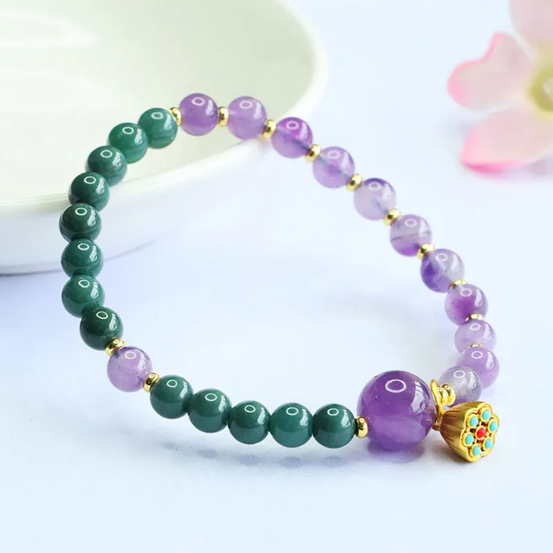 Natural blue water jade amethyst bracelet hand-woven with 6-10mm beads on white background