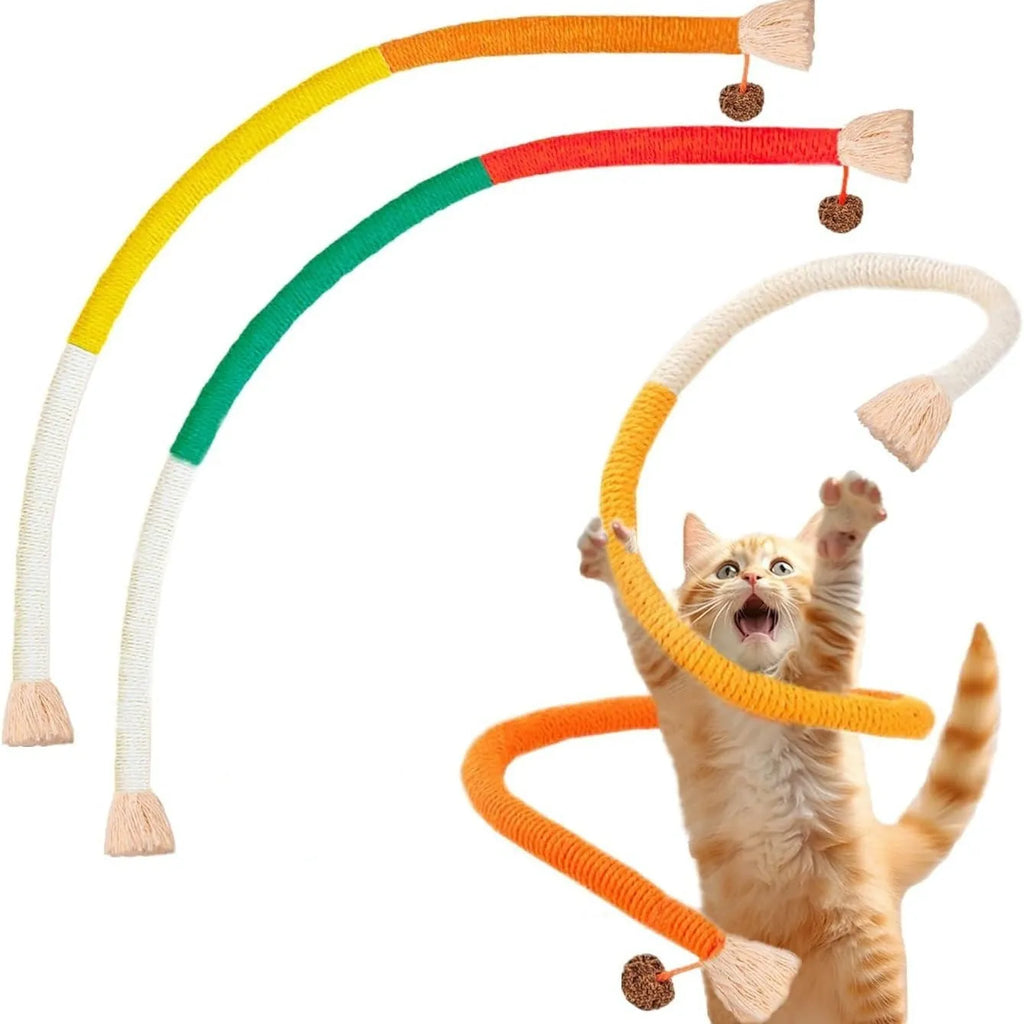 70cm long cotton string cat biting rope toy with catnip, shown in purple, orange, and red with green colour options.