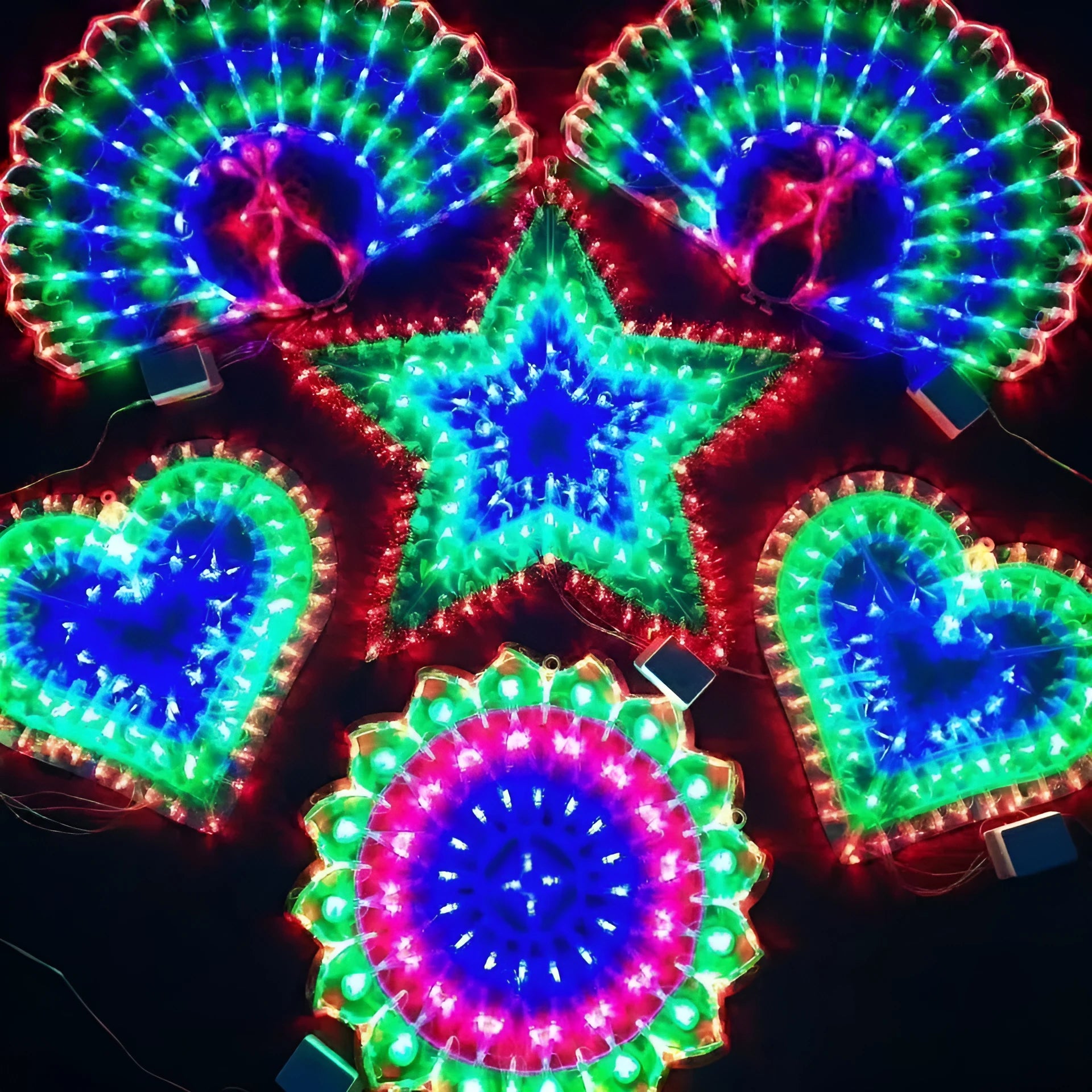 Outdoor decorative string lights with peacock, love, sunflower, and star-shaped plastic bulbs