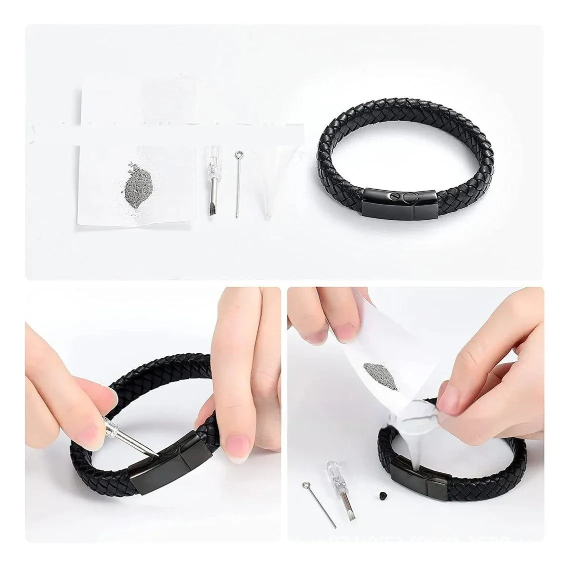 Men's black leather and stainless steel casket bracelet with engraving option on a gift box.