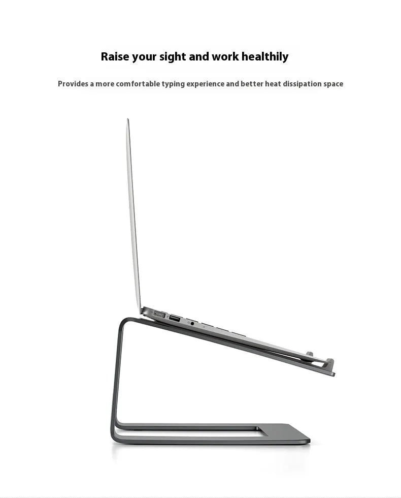 Black aluminium alloy foldable laptop stand with adjustable tilt on desktop