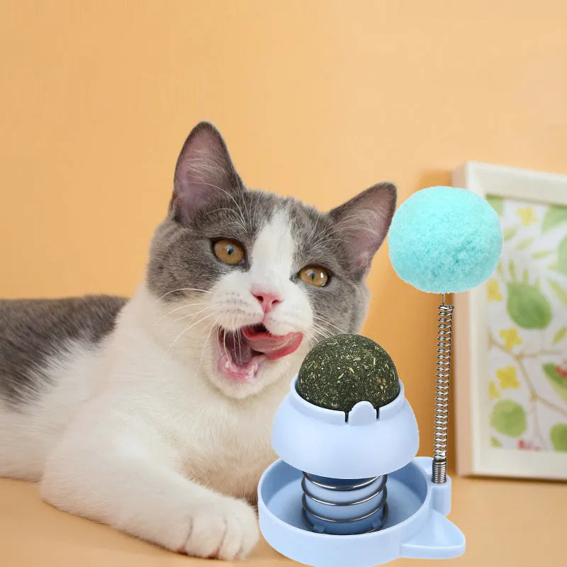 Lucky Cat Mint Ball cat toy in Blue, Orange, or Pink, showing 55mm diameter and licking cat design.