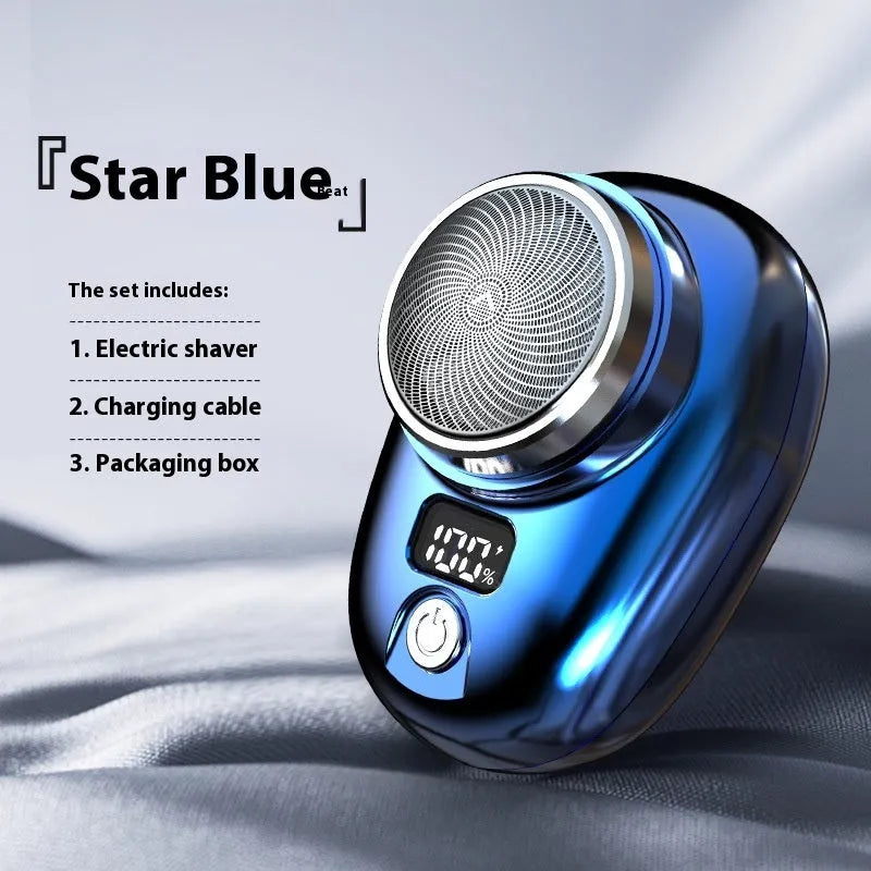 Mini electric shaver with LED digital display, black finish, and removable cutter head for travel use