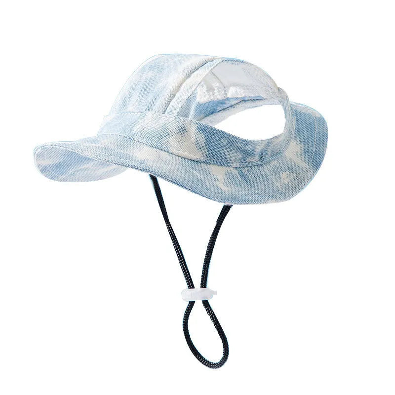 Adjustable tie-dye pet hat with ear holes for small to medium dogs, available in blue, orange, purple, and yellow