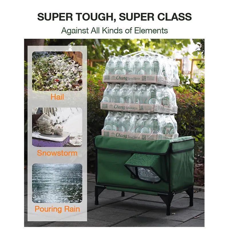 Green 900D PVC outdoor heated foldable cat house with charger for cats, sizes S M L