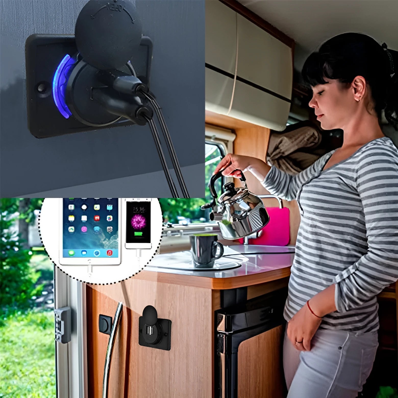 Black dual USB car charger with mounting screws for 12-24V vehicle installation