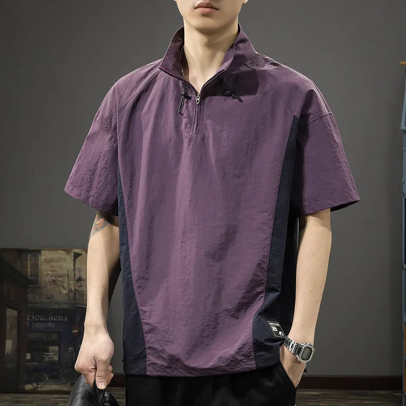 Men's brown half-zip stand collar business casual shirt with short sleeves